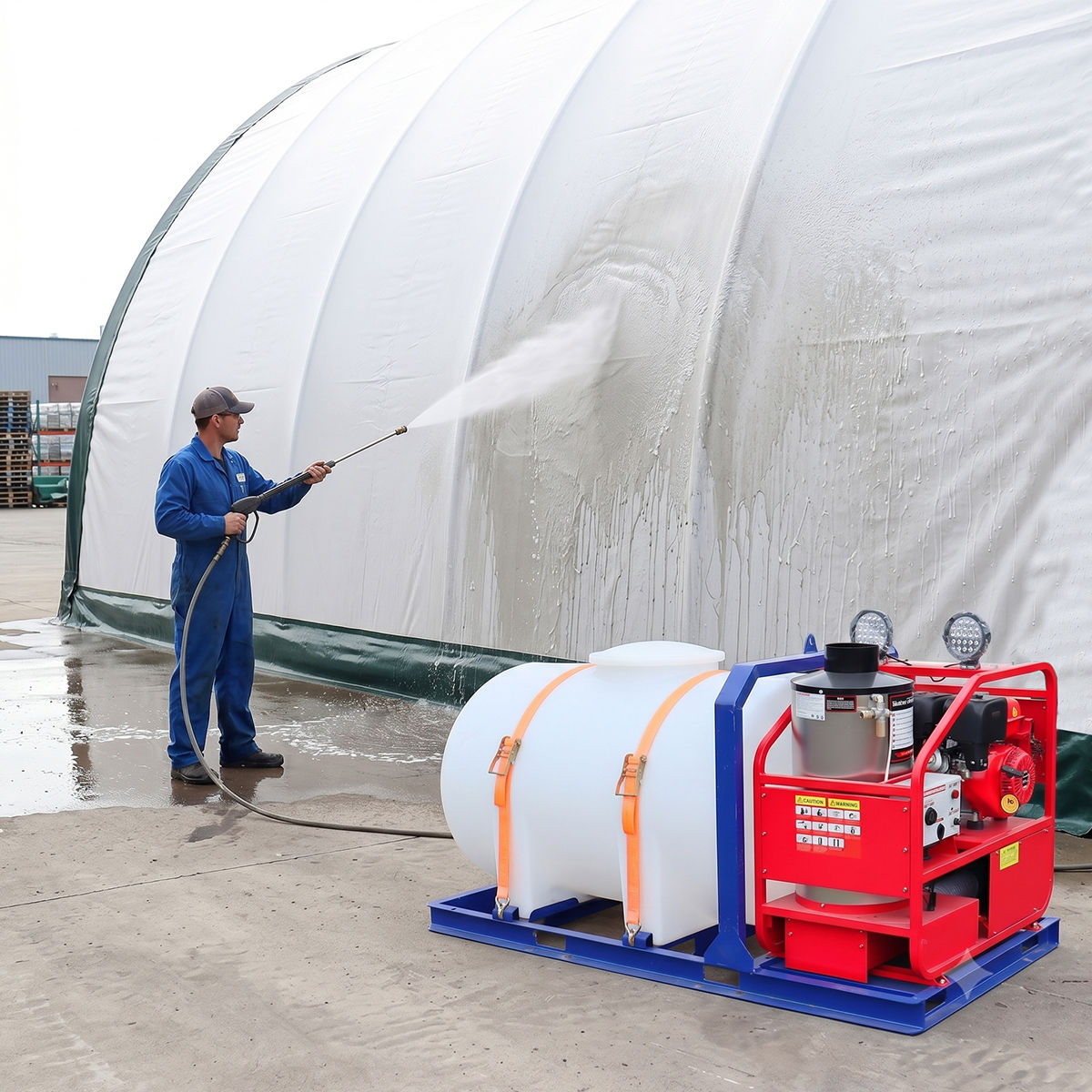 Person using a pressure washer to clean a large white structure with a red and blue machine nearby.