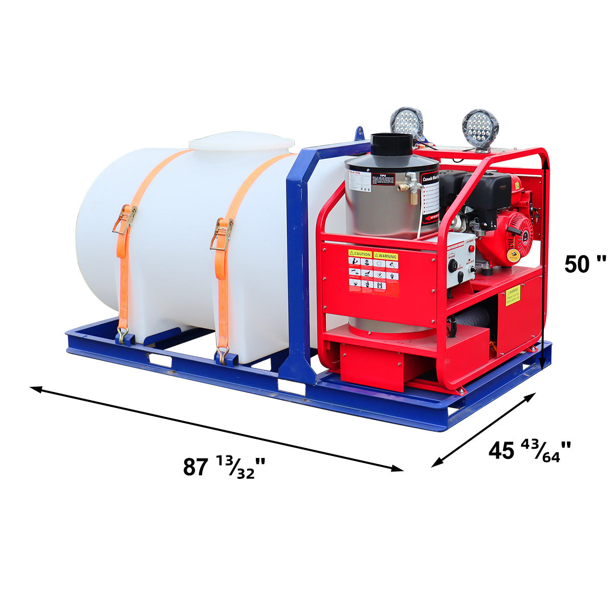 Fire suppression system with tank and pump unit, showing dimensions on a white background