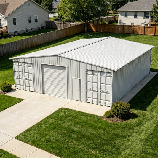 A large white metal garage storage shed with a corrugated roof