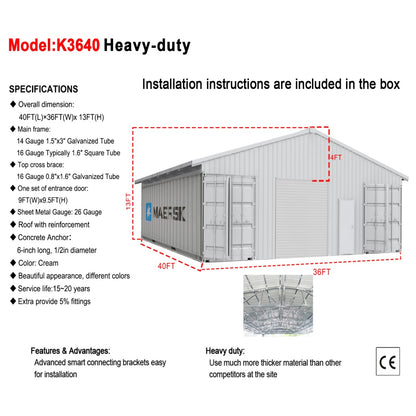 Heavy-duty storage shed with specifications