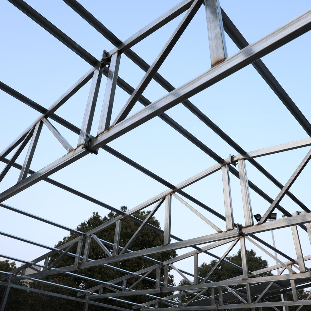 Silver metal truss roof framing structure 