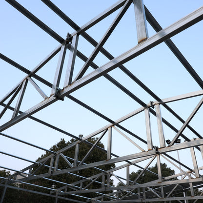 Silver metal truss roof framing structure 
