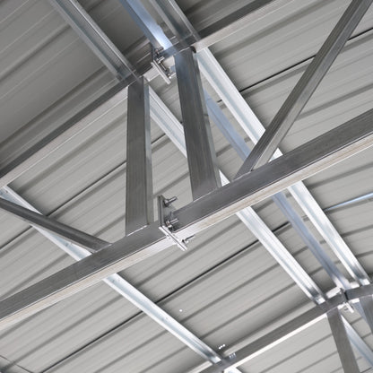 Close-up of a galvanized steel roof truss system with metal brackets and beams