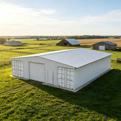 A large white metal storage shed or barn with a pitched roof