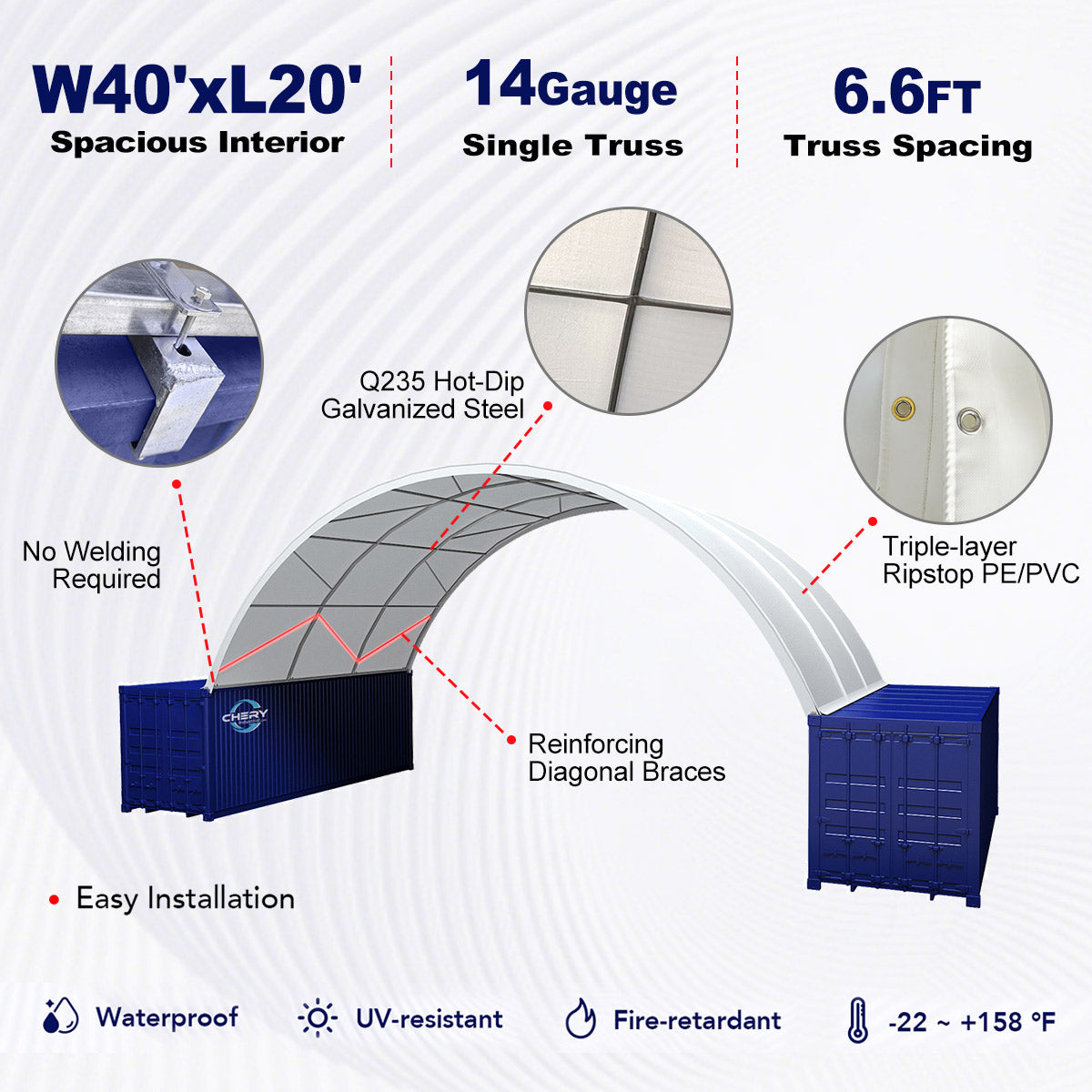 Structural features and specifications of a large blue and white tent with visible branding.