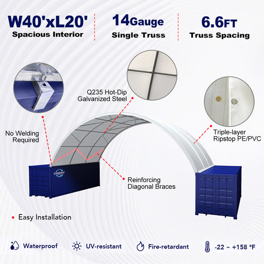 Structural features and specifications of a large blue and white tent with visible branding.