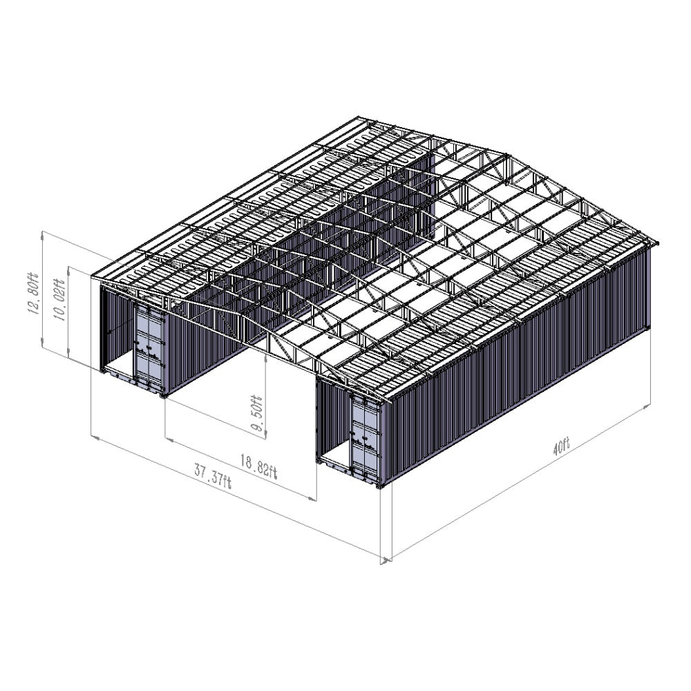 Structural diagram of a building with steel frame and container walls on a white background