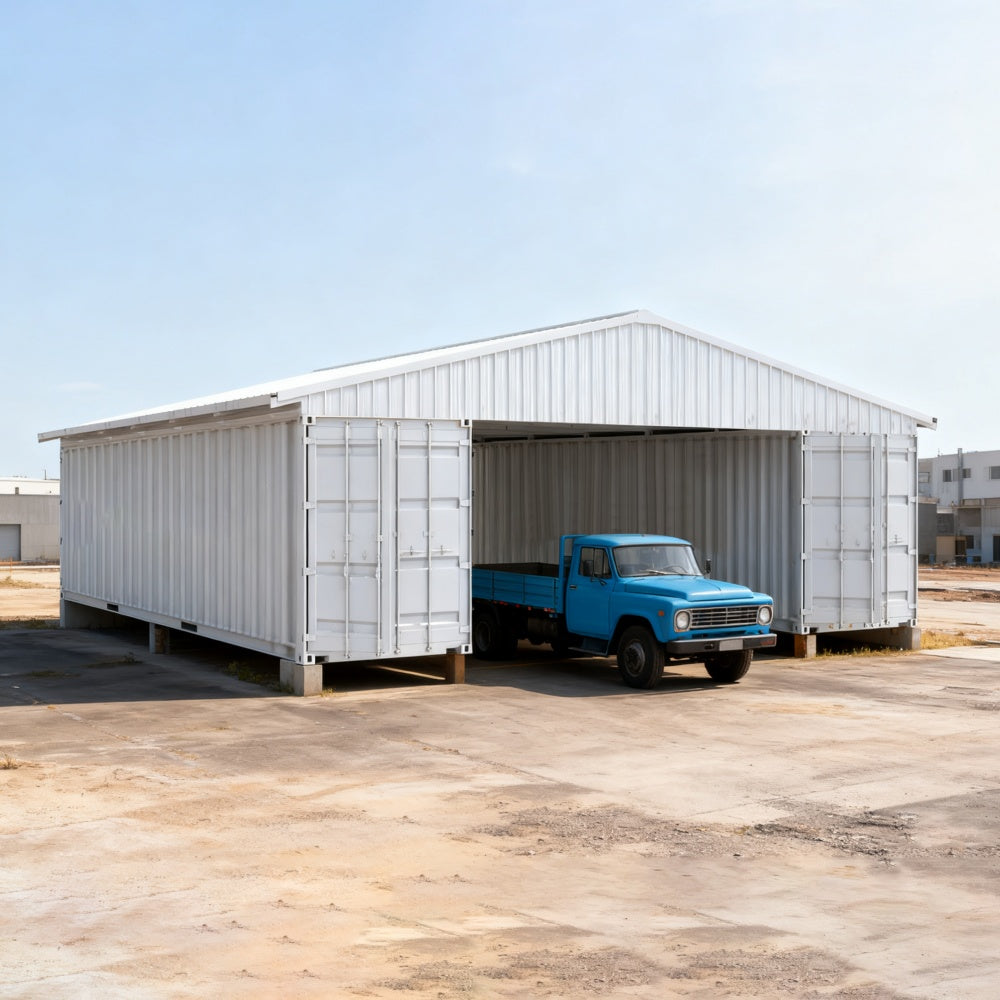 Blue truck parked inside a large metal storage building with a clear sky.