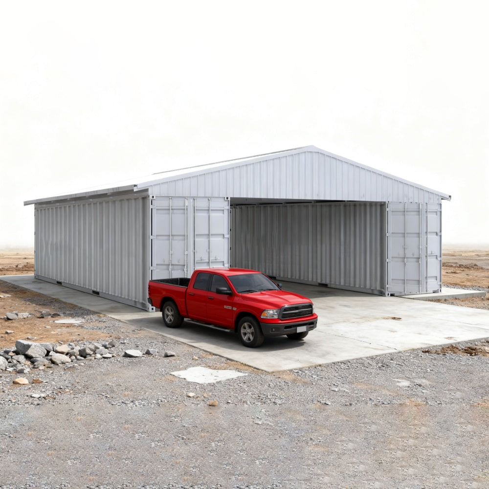 Red pickup truck parked in front of a metal storage building.#color_White