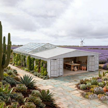 White garden shed with a windmill and lavender field in the background#color_White