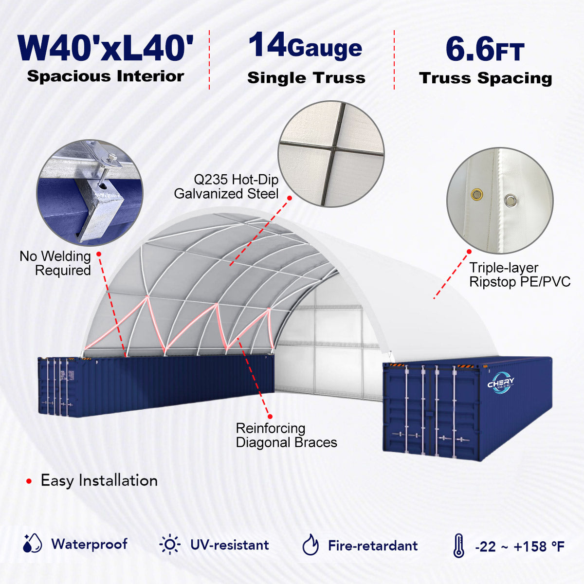 Structural diagram of a large tent with specifications and features on a white background