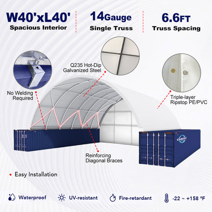 Structural diagram of a large tent with specifications and features on a white background