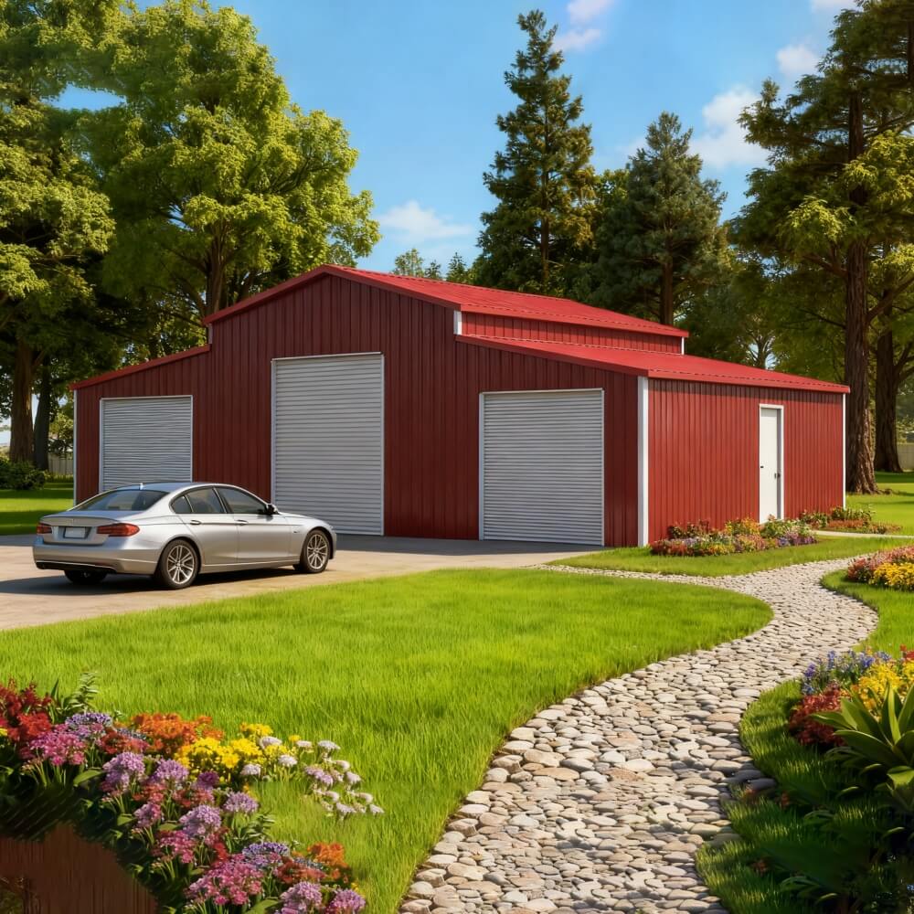 Red metal garage with three garage doors, silver car parked outside, and a landscaped area with flowers and a curved stone path.