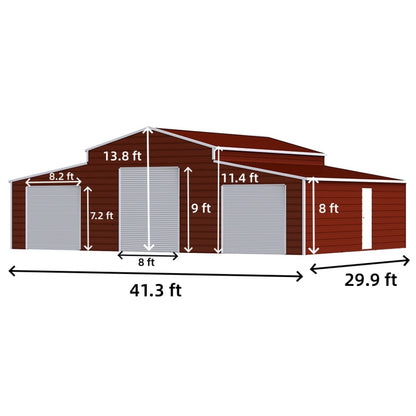 Diagram of a wooden garage with dimensions labeled on a white background#color_Reddish Brown