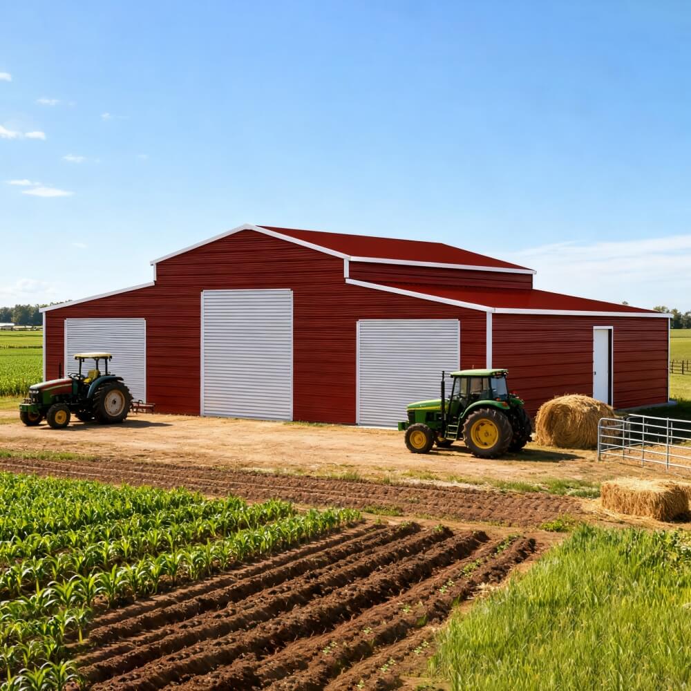 Red barn with two tractors parked in front on a sunny day.#color_Reddish Brown