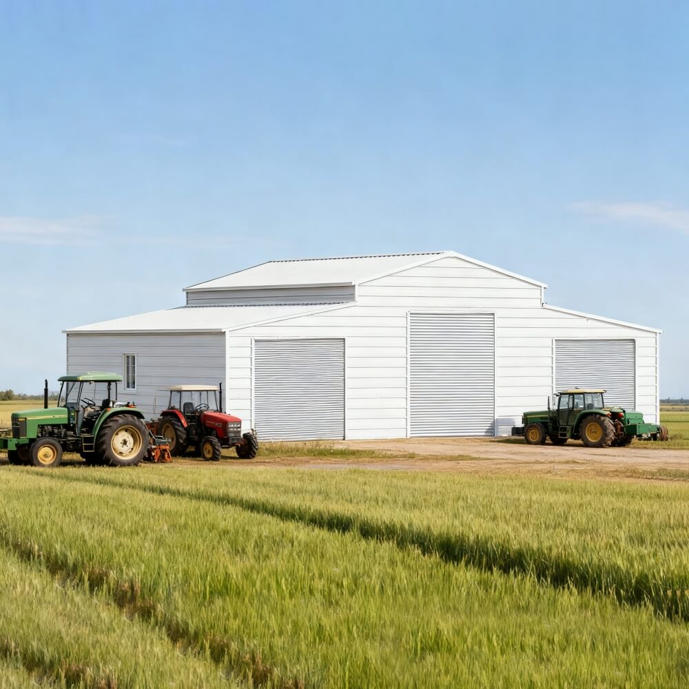 White agricultural building with tractors in a field