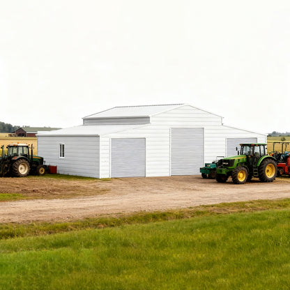 White agricultural building with tractors on a farm#color_White
