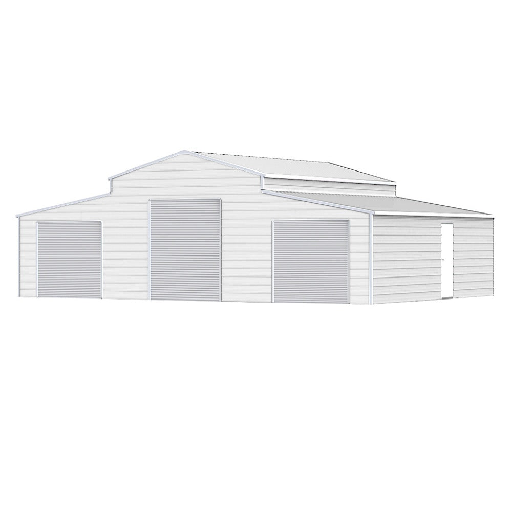 White metal storage shed with a slanted roof on a white background