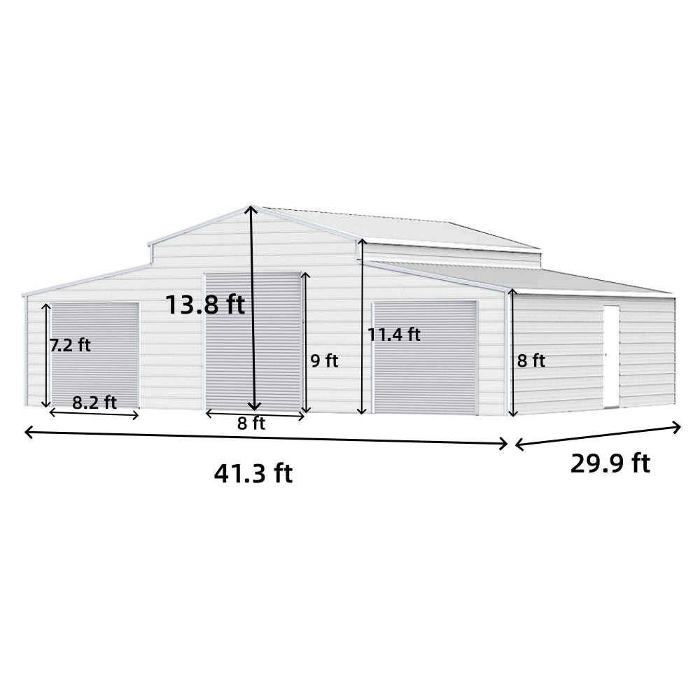 Measurement chart of a large storage shed with dimensions labeled.#color_White