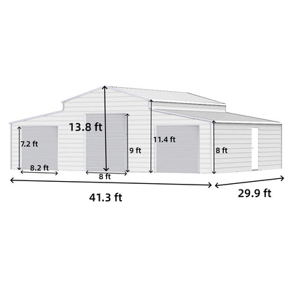 Measurement chart of a large storage shed with dimensions labeled.#color_White