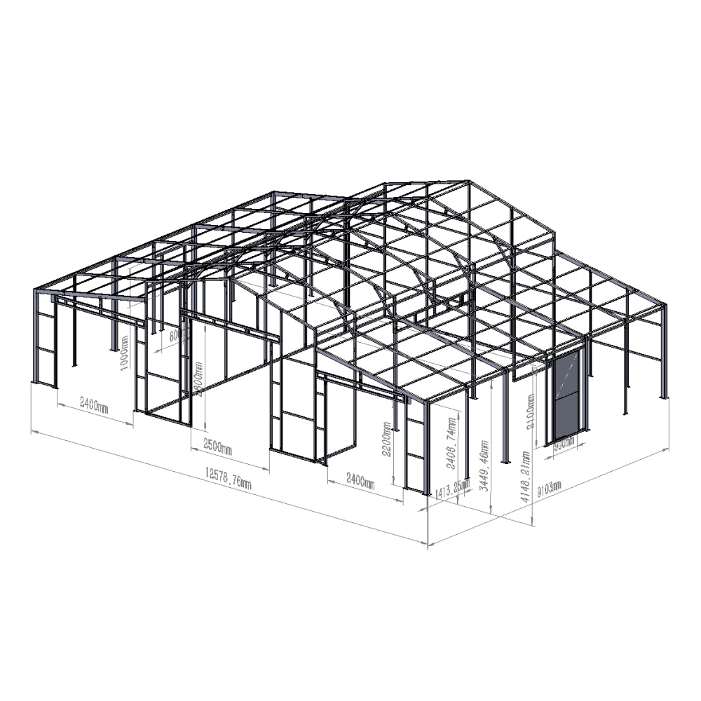 3D architectural model of a building structure with dimensions on a white background