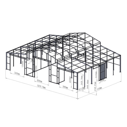 3D architectural model of a building structure with dimensions on a white background