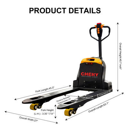 4400lbs Electric Pallet Jack, 45"x27" Fork, 48V 20Ah Removable Battery Spec