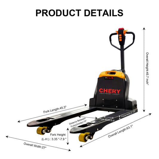 4400lbs Electric Pallet Jack, 45"x27" Fork, 48V 20Ah Removable Battery Spec