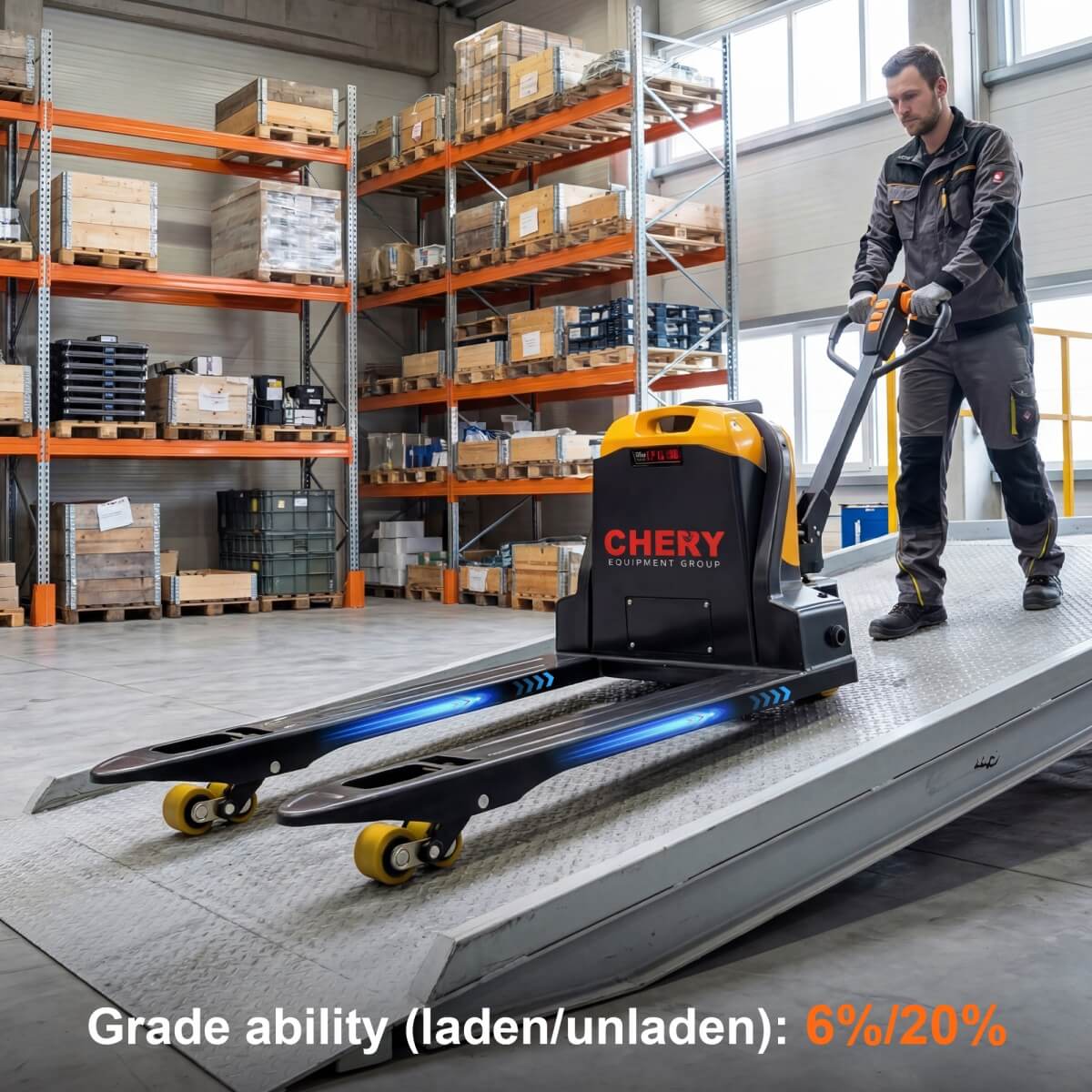 4400lbs Electric Pallet Jack, 45"x27" Fork, 48V 20Ah Removable Battery in warehouse