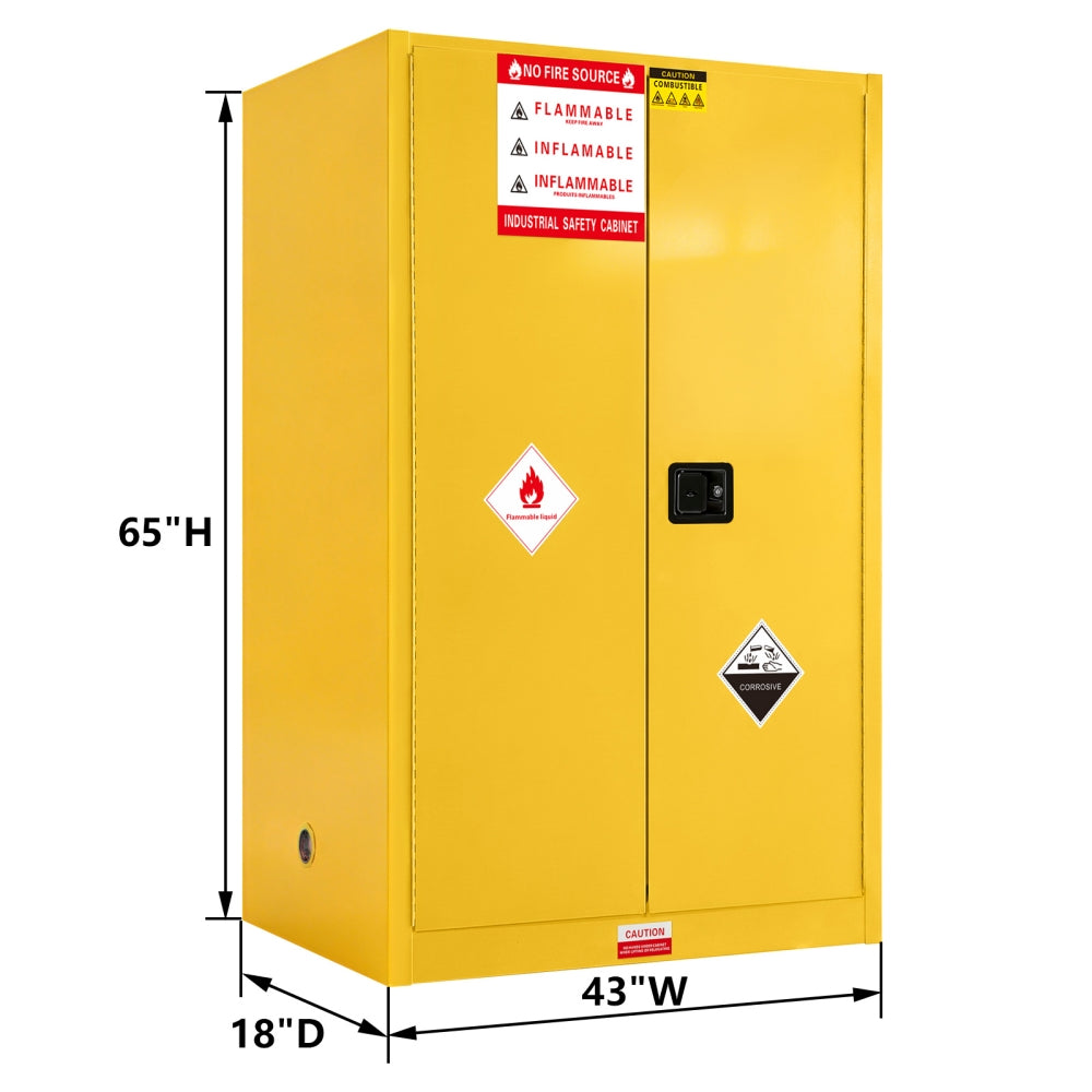 Yellow safety cabinet with hazardous material symbols and dimensions on a white background