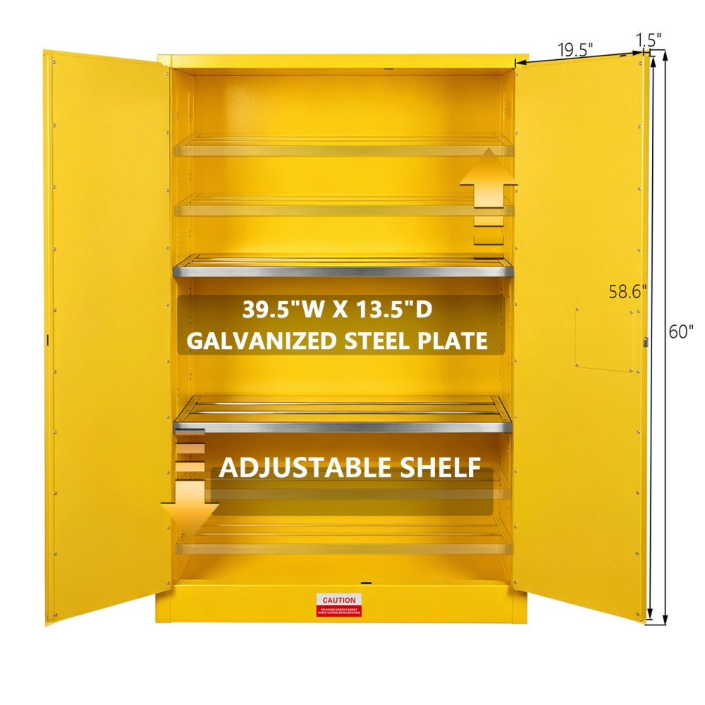 Yellow storage cabinet with adjustable shelves and dimensions displayed
