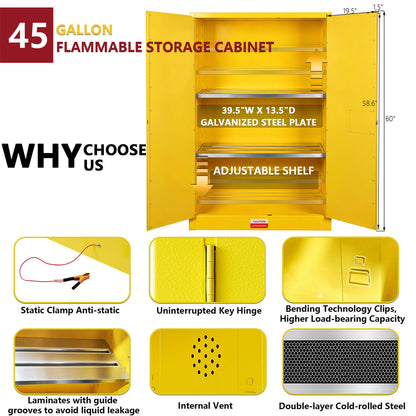 45 Gal Flammable Safety Cabinet, 43"Wx18"Dx65"H