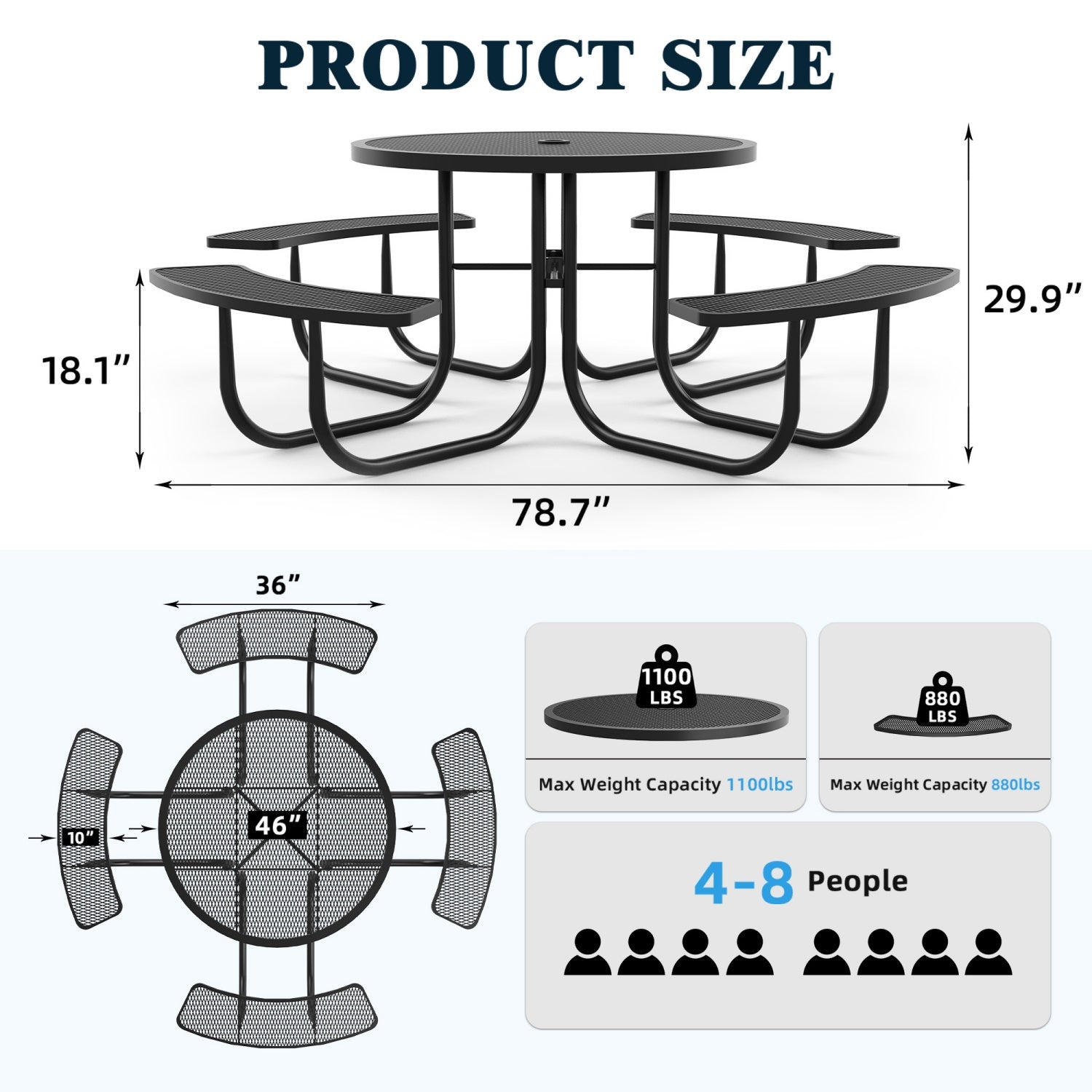 46" Round Picnic Table With Umbrella Hole