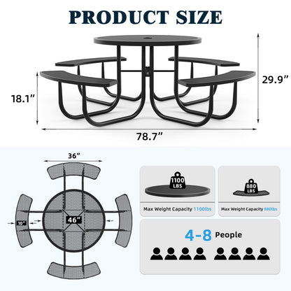 46" Round Picnic Table With Umbrella Hole#Color_black