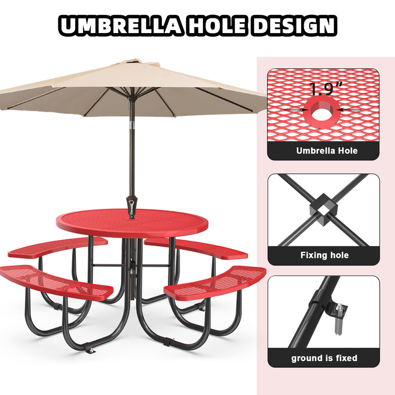 46" Round Picnic Table With Umbrella Hole- Red- Umbrella Hole Design