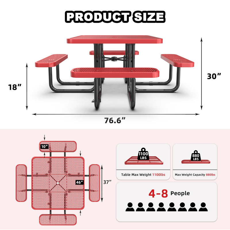 46" Square Picnic Table With Umbrella Hole, Dimension