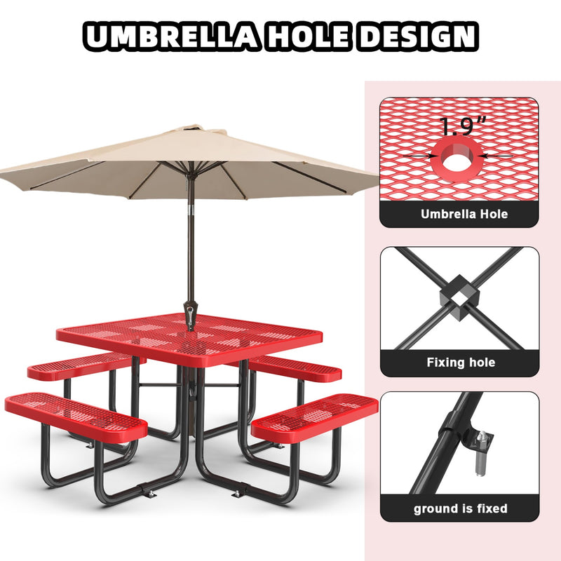 46" Square Picnic Table With Umbrella Hole, Red