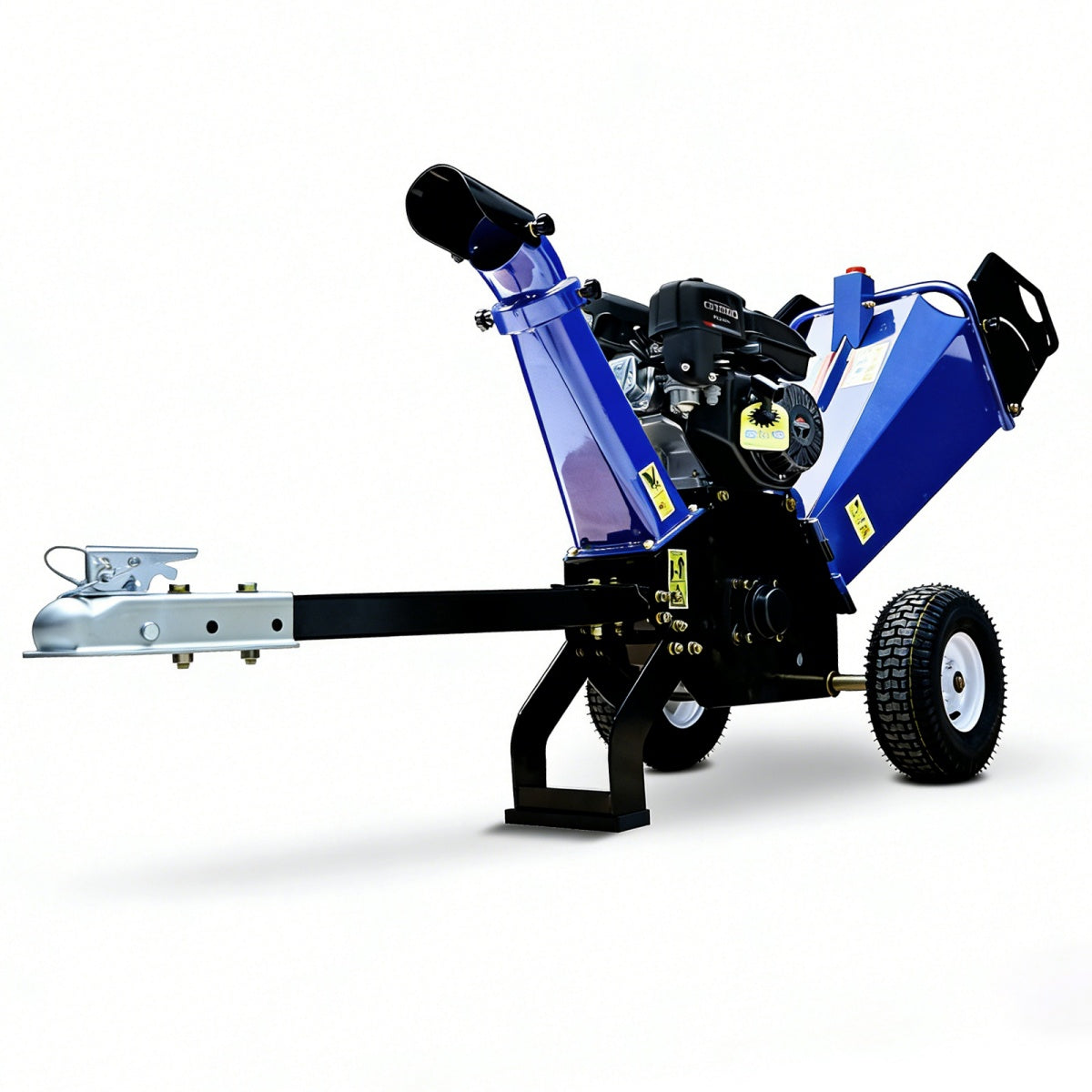 Blue and black wood chipper on a white background