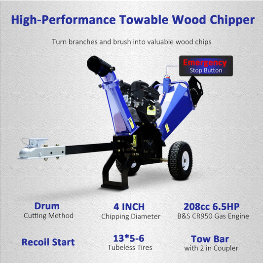4" 6.5 HP 208cc Gas Powered Wood Chipper features