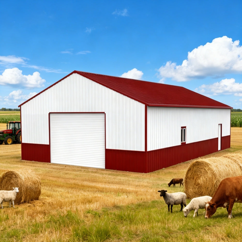 Red and white barn with hay bales and animals in a field under a blue sky.