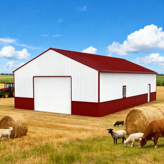 Red and white barn with hay bales and animals in a field under a blue sky.