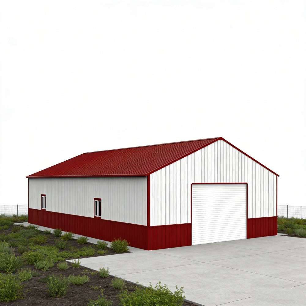 Red and white metal garage building on a white background