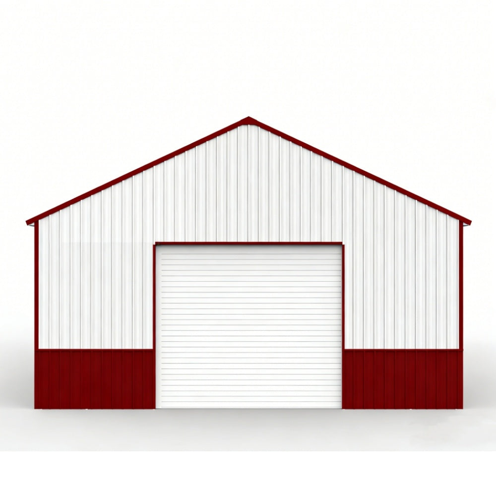Red and white metal garage with a white background