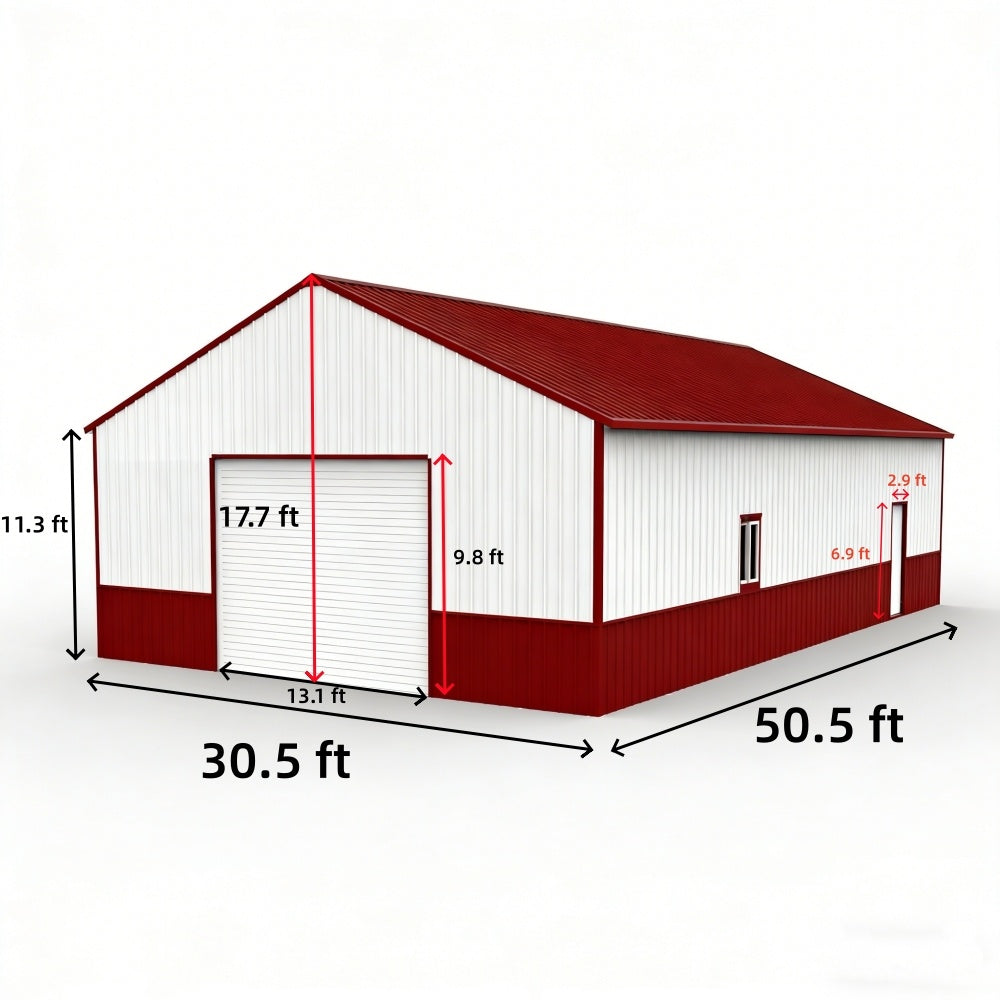 Red and white storage shed with dimensions labeled on a white background