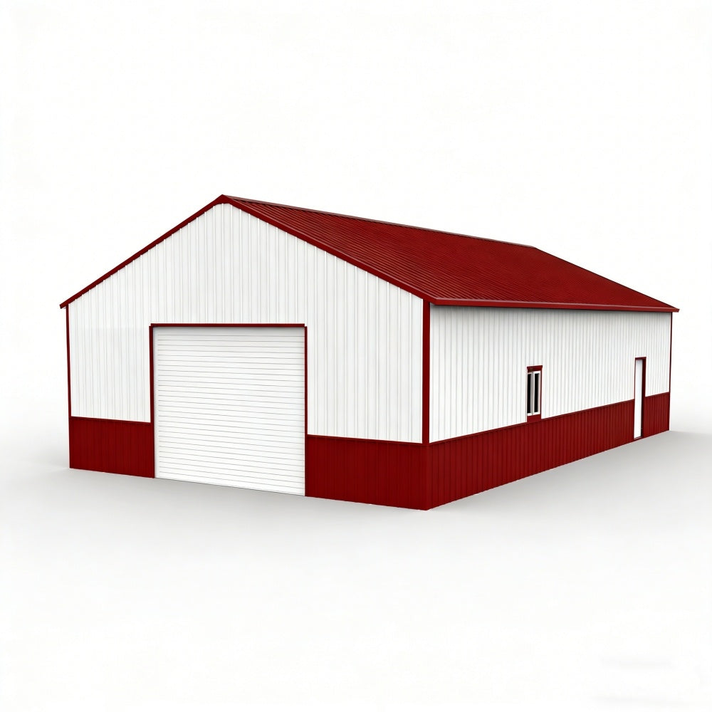 Red and white storage building on a white background