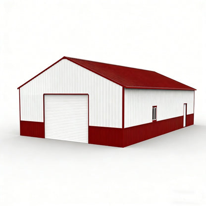 Red and white storage building on a white background