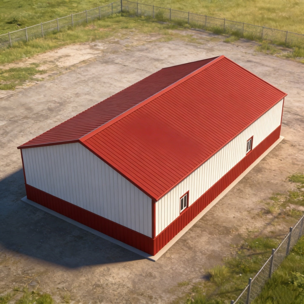 Red and white metal building on a dirt lot with grass and fence in the background