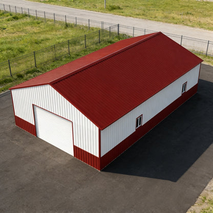 Red and white metal garage building on a clear background