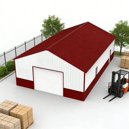 Storage building with red roof and white walls, surrounded by cardboard boxes and a forklift.