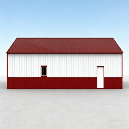 White building with red roof and base on a light blue background